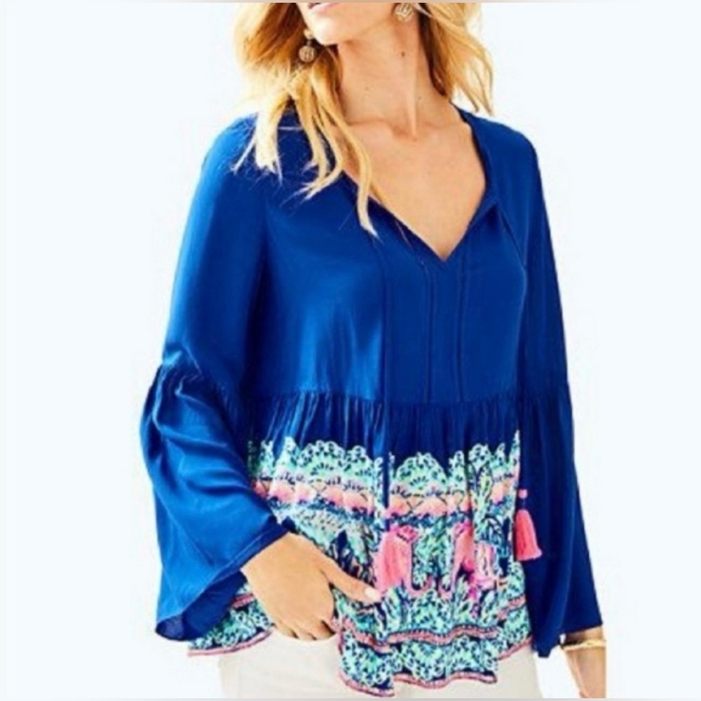 Lilly Pulitzer Kahli Bell‎ Sleeve Tassel Babydoll Blouse On Display Preppy Boho